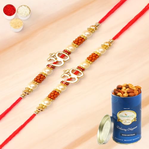 Ghasitaram Gifts Jaiccha Rakhi for Brother Rakhis Online Set of 2-R-2125 Om Rakhi Thread with 100 gms of Dryfruits Mix Can von Jaiccha