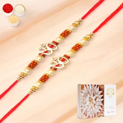 Ghasitaram Gifts Jaiccha Rakhi for Brother Rakhis Online Set of 2-R-2125 Om Rakhi Thread with 200 gms of Kaju katli von Jaiccha