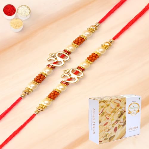 Ghasitaram Gifts Jaiccha Rakhi for Brother Rakhis Online Set of 2-R-2125 Om Rakhi Thread with 200 gms of Soan Papdi von Jaiccha