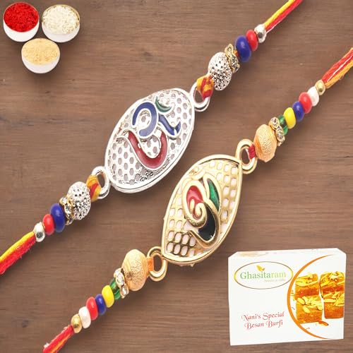 Ghasitaram Gifts Jaiccha Rakhi for Brother Rakhis Online - Set of 2 -The Reflection of Om Embedded with Love and The Divine Colourful Blessings of Om rakhi with 400 gms of Besan Barfi von Jaiccha