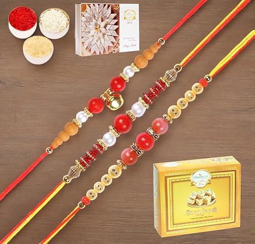 Ghasitaram Gifts Jaiccha Rakhi for Brother Rakhis Online - Set of 3-6018,6190, 6222 Thread Rakhi with 200 gms of Kaju katli and 200 gms of Soan Papdi von Jaiccha