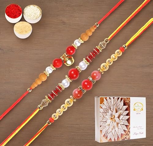 Ghasitaram Gifts Jaiccha Rakhi for Brother Rakhis Online - Set of 3-6018,6190, 6222 Thread Rakhi with 200 gms of Kaju katli von Jaiccha