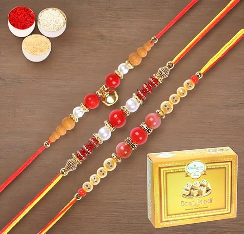 Ghasitaram Gifts Jaiccha Rakhi for Brother Rakhis Online - Set of 3-6018,6190, 6222 Thread Rakhi with 200 gms of Soan Papdi von Jaiccha