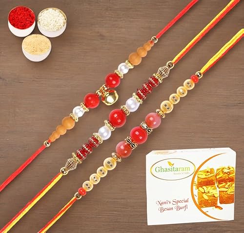 Ghasitaram Gifts Jaiccha Rakhi for Brother Rakhis Online - Set of 3-6018,6190, 6222 Thread Rakhi with 400 gms of Besan Barfi von Jaiccha