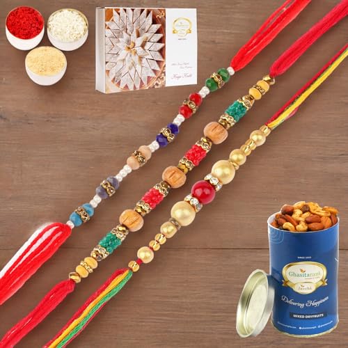 Ghasitaram Gifts Jaiccha Rakhi for Brother Rakhis Online - Set of 3-Nbh242,7086, 6958 Fancy Thread Rakhi with 100 gms of Dryfruits Mix Can 200 gms of Kaju katli von Jaiccha