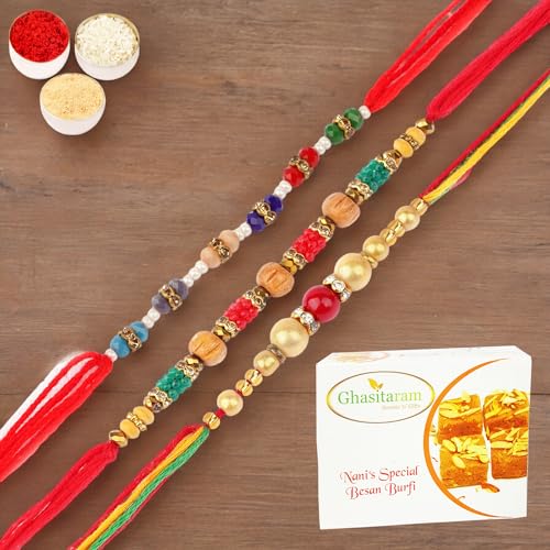 Ghasitaram Gifts Jaiccha Rakhi for Brother Rakhis Online - Set of 3-Nbh242,7086, 6958 Fancy Thread Rakhi with 200 gms of Besan Barfi von Jaiccha