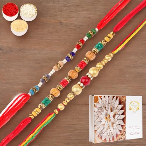 Ghasitaram Gifts Jaiccha Rakhi for Brother Rakhis Online - Set of 3-Nbh242,7086, 6958 Fancy Thread Rakhi with 200 gms of Kaju katli von Jaiccha