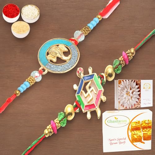 Ghasitaram Gifts Jaiccha Rakhi for Brother - Set of 2 - Blessings of The Divine Power and The Riddhi Siddhi Ganpati Blessings for my Brother with 200 gms of Besan Barfi and 200 gms of Kaju Katli von Jaiccha