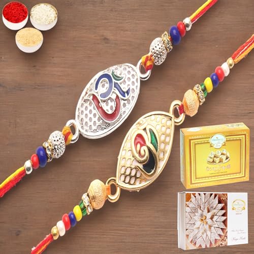 Ghasitaram Gifts Jaiccha Rakhi for Brother - Set of 2 -The Reflection of Om Embedded with Love and The Divine Colourful Blessings of Om rakhi with 200 gms of Kaju katli and 200 gms of Soan Papdi von Jaiccha