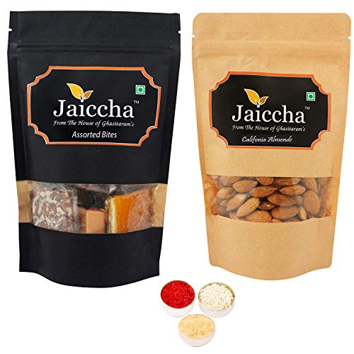 Jaiccha Ghasitaram Bhaidooj Gifts - Pack of 2 Assorted Bites and Almonds Pouches Big 400 GMS von Jaiccha