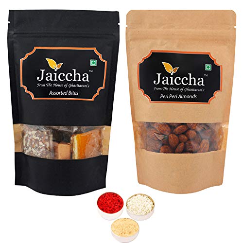 Jaiccha Ghasitaram Bhaidooj Gifts - Pack of 2 Assorted Bites and Peri Peri Almonds Pouches Big 400 GMS von Jaiccha