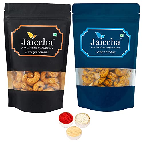 Jaiccha Ghasitaram Bhaidooj Gifts - Pack of 2 Garlic, Barbeque Cashews Pouches Big 400 GMS von Jaiccha