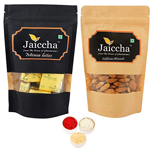 Jaiccha Ghasitaram Bhaidooj Gifts - Pack of 2 MEWA Bites and Almonds Pouches Big 400 GMS von Jaiccha