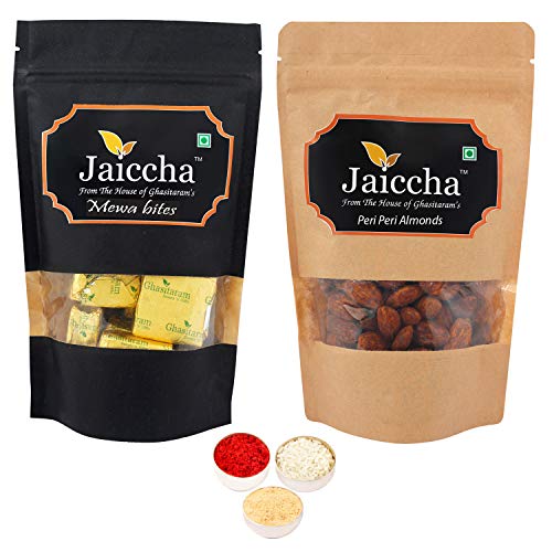 Jaiccha Ghasitaram Bhaidooj Gifts - Pack of 2 MEWA Bites and Peri Peri Almonds Pouches Big 400 GMS von Jaiccha