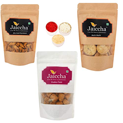 Jaiccha Ghasitaram Bhaidooj Gifts - Pack of 3 Methi Mathi, Shakkar Pada and Mini Katli Namkeen von Jaiccha