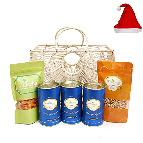 Jaiccha Ghasitaram Christmas Gifts Jute Fancy Basket/ Carry Bag/ Magazine Holder of Assorments with Assorted Bites von Jaiccha