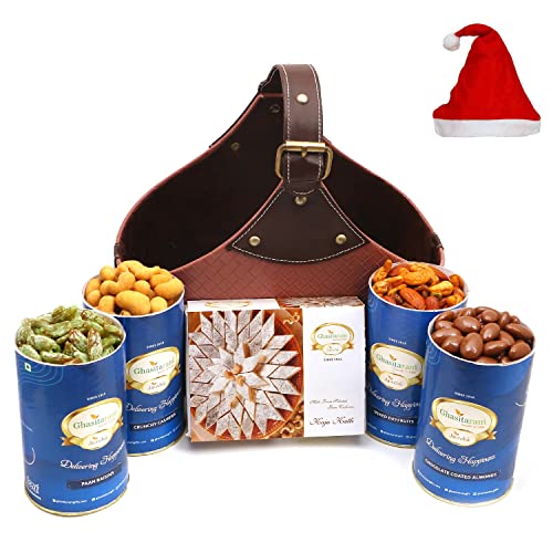 Jaiccha Ghasitaram Christmas Gifts Leather Buckle Basket Big of 4 Cans and Kaju Katli von Jaiccha