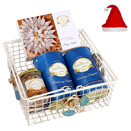 Jaiccha Ghasitaram Christmas Gifts White Metal Basket of 2 cans of dryfruits, Mukhwas and Kaju Katlis von Jaiccha