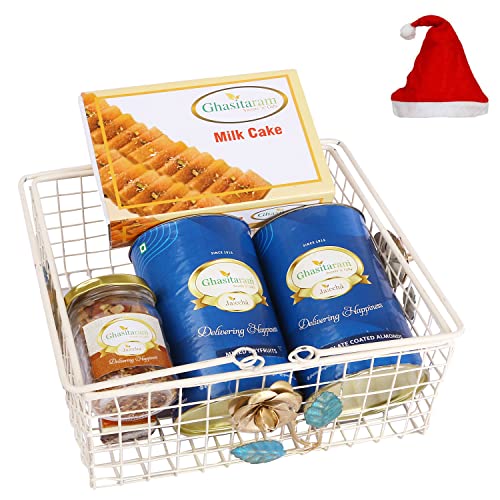 Jaiccha Ghasitaram Christmas Gifts White Metal Basket of 2 cans of dryfruits, Mukhwas and Milk Cake von Jaiccha