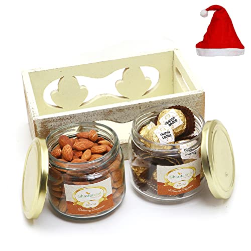 Jaiccha Ghasitaram Christmas Gifts White Wooden Tray of 2 Jars of Channa Laddoo and Almonds von Jaiccha