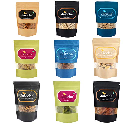 Jaiccha Ghasitaram Diwali Gifts Best of 9 Dryfruits Cashews, Almonds, Raisins, Pistachios, Figs , Dried Apricots, Walnuts, Kiwi and Papaya von Jaiccha