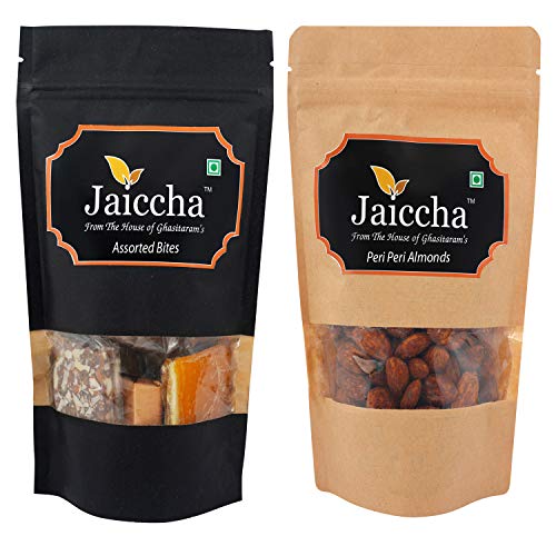 Jaiccha Ghasitaram Pack of 2 Assorted Bites and Peri Peri Almonds Pouches 400 GMS von Jaiccha