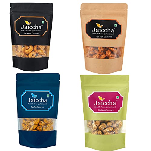 Jaiccha Ghasitaram Pack of 4 Garlic, Peri Peri, Pudina, Barbeque Cashews Pouches 400 GMS von Jaiccha