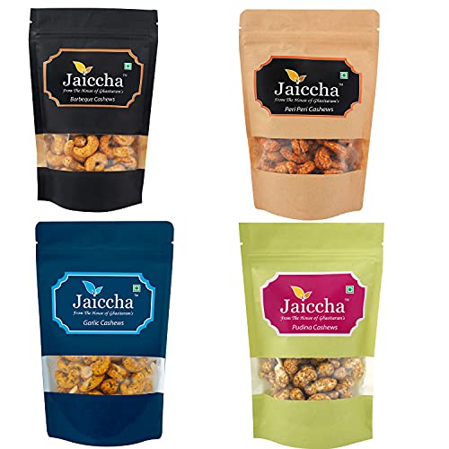 Jaiccha Ghasitaram Pack of 4 Garlic, Peri Peri, Pudina, Barbeque Cashews Pouches 800 GMS von Jaiccha