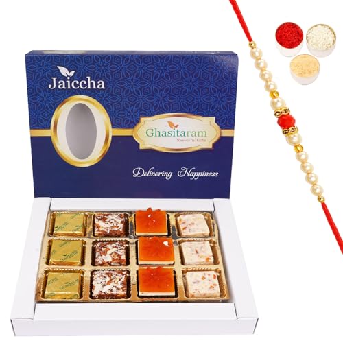 Jaiccha Ghasitaram Rakhi Gifts for Brothers Assorted 4 Bites Box 12 pcs with Beads Rakhi von Jaiccha