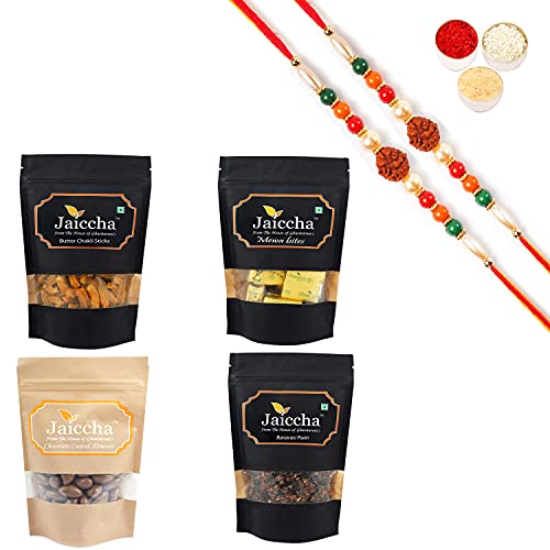 Jaiccha Ghasitaram Rakhi Gifts for Brothers - Best of 4 MEWA Bites, Butter Chakli Sticks, Banarsi Flavoured and Chocolate Coated Almonds with 2 Rudraksh Rakhis von Jaiccha