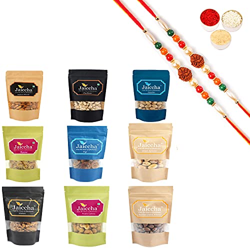 Jaiccha Ghasitaram Rakhi Gifts for Brothers - Best of 9 Dryfruits Cashews,Almonds,Raisins,Pistachios,Figs,Dried Apricots,Walnuts, Barbeque Cashews & Chooclate Coated Almonds with 2 Rudraksh Rakhis von Jaiccha