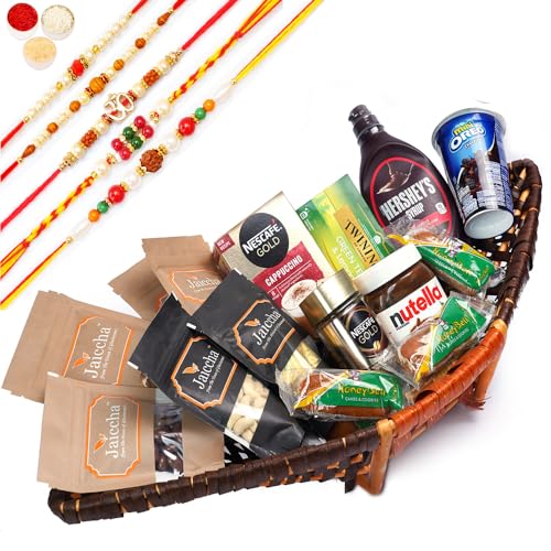 Jaiccha Ghasitaram Rakhi Gifts for Brothers - Big Boat Basket Hamper of 22 Goodies with 5 Rakhis von Jaiccha