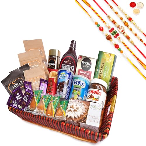 Jaiccha Ghasitaram Rakhi Gifts for Brothers - Big Red Basket Hamper of 30 Goodies with 5 Rakhis von Jaiccha