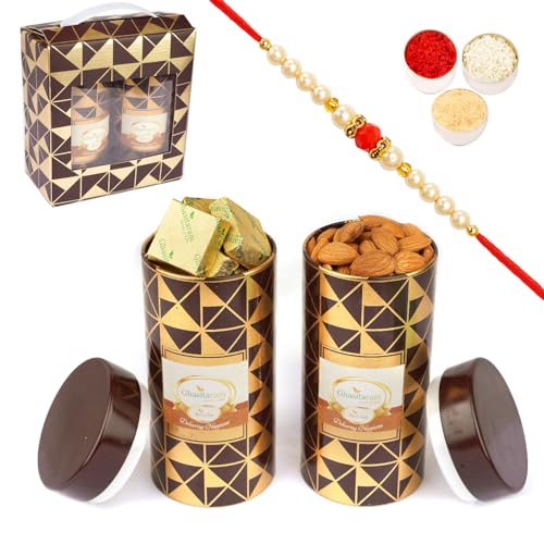 Jaiccha Ghasitaram Rakhi Gifts for Brothers Box 2 Tin Jars of Almonds and MEWA Bites with Pearl Rakhi von Jaiccha