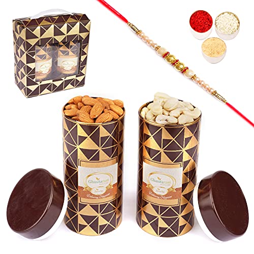 Jaiccha Ghasitaram Rakhi Gifts for Brothers Box 2 Tin Jars of Cashews and Almonds with Pearl Rakhi von Jaiccha