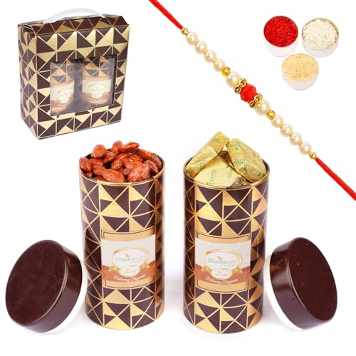 Jaiccha Ghasitaram Rakhi Gifts for Brothers Box 2 Tin Jars of Flavoured Almonds and MEWA Bites with Pearl Rakhi von Jaiccha