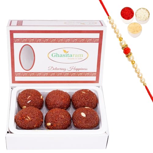 Jaiccha Ghasitaram Rakhi Gifts for Brothers Chocolate Motichoor Laddoo 200 GMS with Beads Rakhi von Jaiccha