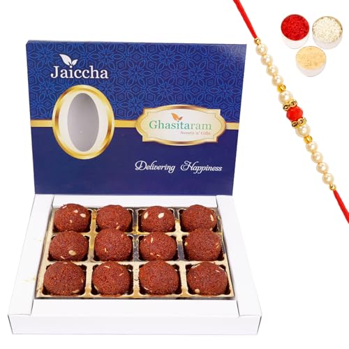 Jaiccha Ghasitaram Rakhi Gifts for Brothers Chocolate Motichoor Laddoo 400 GMS with Beads Rakhi von Jaiccha