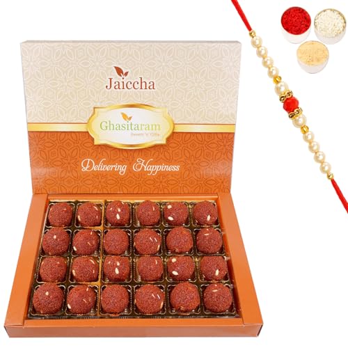 Jaiccha Ghasitaram Rakhi Gifts for Brothers Chocolate Motichoor Laddoo 800 GMS with Beads Rakhi von Jaiccha