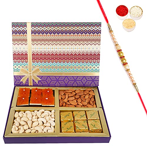 Jaiccha Ghasitaram Rakhi Gifts for Brothers Fruit n Nut Dryfruit Box with Mango and MEWA Bites 500 GMS with Pearl Rakhi von Jaiccha