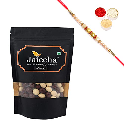 Jaiccha Ghasitaram Rakhi Gifts for Brothers Rakhi Chocolate - Nutties 200 GMS in Black Paper Pouch with Pearl Rakhi von Jaiccha