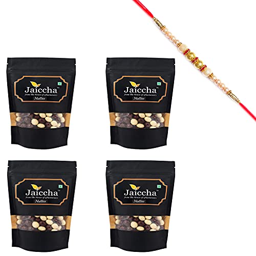 Jaiccha Ghasitaram Rakhi Gifts for Brothers Rakhi Chocolate - Nutties 800 GMS in Black Paper Pouch with Pearl Rakhi von Jaiccha