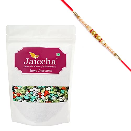 Jaiccha Ghasitaram Rakhi Gifts for Brothers Rakhi Chocolate - Stone/ Rock Chocolates 200 GMS in White Paper Pouch with Pearl Rakhi von Jaiccha