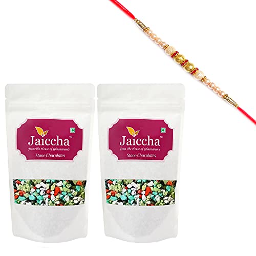 Jaiccha Ghasitaram Rakhi Gifts for Brothers Rakhi Chocolate - Stone/Rock Chocolates 400 GMS in White Paper Pouch with Pearl Rakhi von Jaiccha