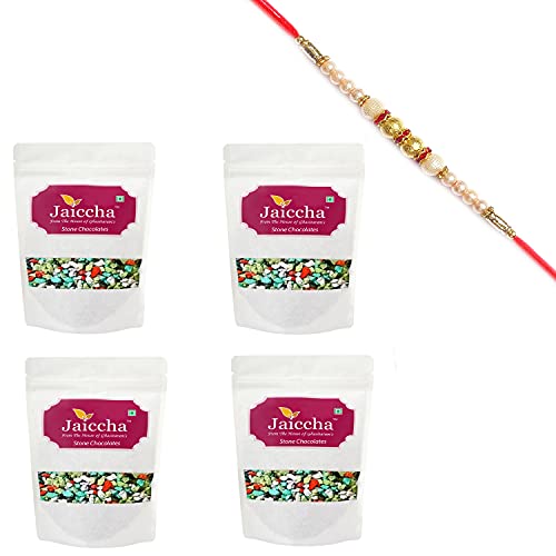 Jaiccha Ghasitaram Rakhi Gifts for Brothers Rakhi Chocolate - Stone/Rock Chocolates 800 GMS in White Paper Pouch with Pearl Rakhi von Jaiccha