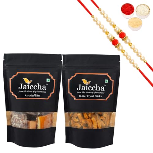 Jaiccha Ghasitaram Rakhi Gifts for Brothers Rakhi Sweets - Best of 2 Assorted Bites 200 GMS and Butter Chakli Sticks 100 GMS Pouch with 2 Beads Rakhis von Jaiccha