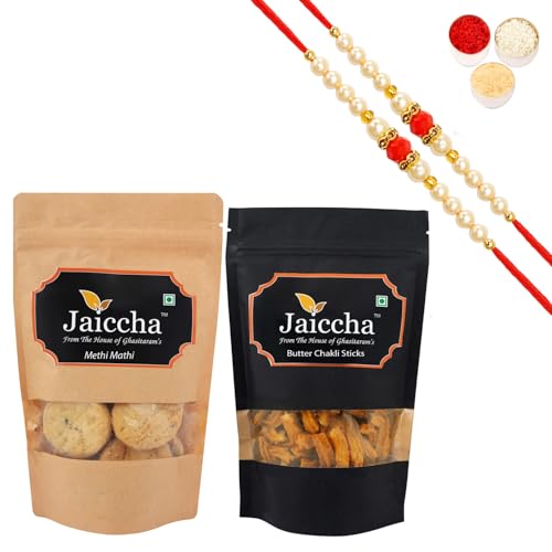 Jaiccha Ghasitaram Rakhi Gifts for Brothers Rakhi Sweets - Best of 2 MEWA Bites 200 GMS and Methi Mathi 150 GMS Pouch with 2 Beads Rakhis von Jaiccha