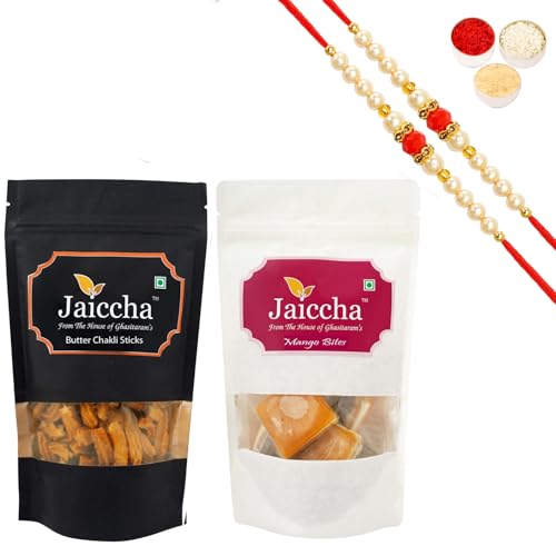 Jaiccha Ghasitaram Rakhi Gifts for Brothers Rakhi Sweets - Best of 2 Mango Bites 200 GMS and Butter Chakli Sticks 100 GMS Pouch with 2 Beads Rakhis von Jaiccha