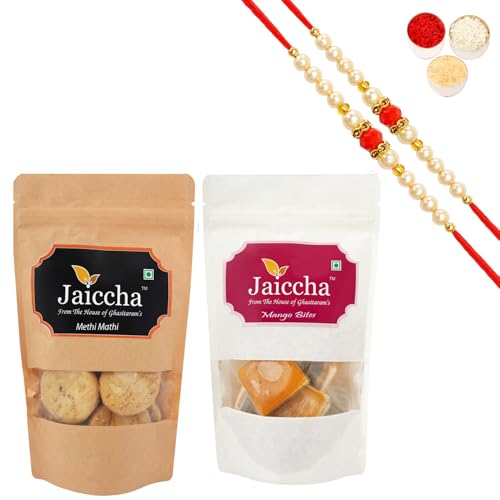 Jaiccha Ghasitaram Rakhi Gifts for Brothers Rakhi Sweets - Best of 2 Mango Bites 200 GMS and Methi Mathi 150 GMS Pouch with 2 Beads Rakhis von Jaiccha