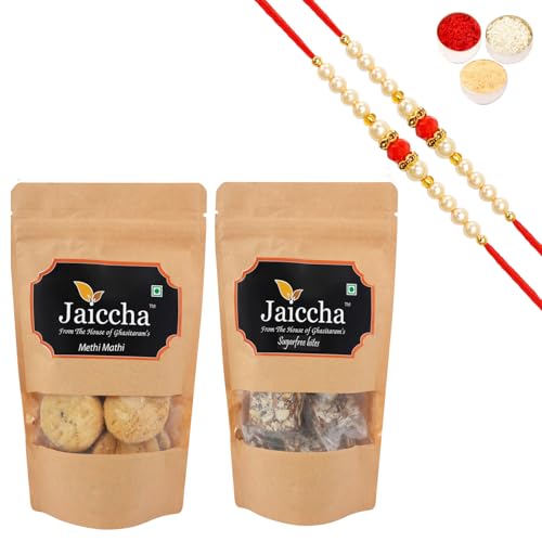 Jaiccha Ghasitaram Rakhi Gifts for Brothers Rakhi Sweets - Best of 2 Suagrfree Bites 200 GMS and Methi Mathi 150 GMS Pouch with 2 Beads Rakhis von Jaiccha